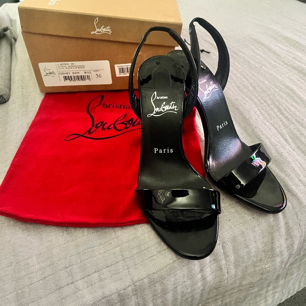 Christian Louboutin Black Patent Leather Open-Toe Slingback Heels